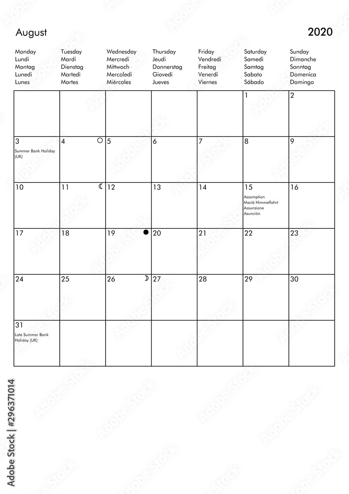 Sticker august 2020 calendar - uk, germany, france, italy, spain holid