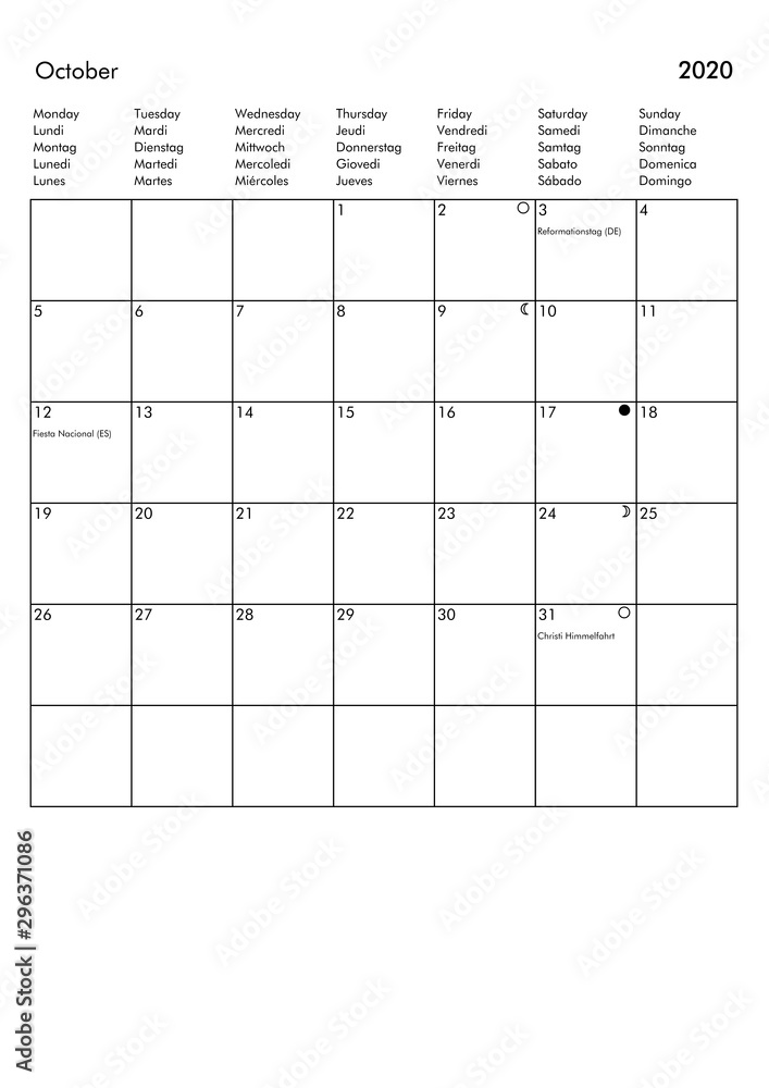 Sticker october 2020 calendar - uk, germany, france, italy, spain holid