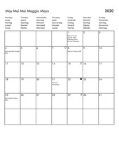 May 2020 calendar - UK, Germany, France, Italy, Spain holiday