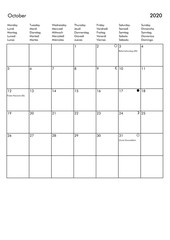 October 2020 calendar - UK, Germany, France, Italy, Spain holid