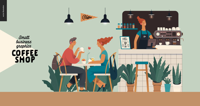 Coffee shop interior-small business illustrations -visitors -modern flat vector concept illustration of a young couple, cafe visitors and barista at the bar counter, lamps above. surrounded by plants