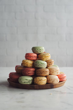 French macaroons on wooden base