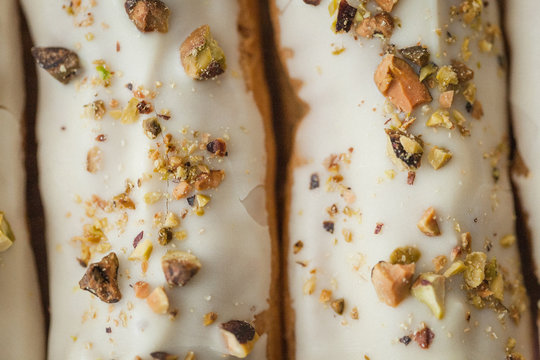 Close up view of pistachio pastry with toppings