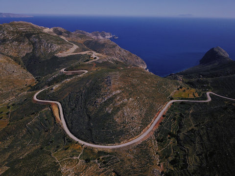 Aerial view of road on hills of Tilos Island