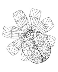 Ladybug on a flower. Coloring book for kids and adults. Coloring page, zen art, zentangle