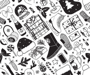 Hand drawn seamless pattern with Christmas objects.Vector Celebration Illustration. Creative artwork. Cozy Winter set of decoration. Doodle Holidays background.