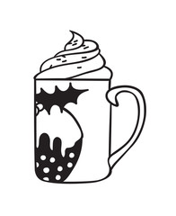 Hand drawn illustration Christmas cup of coffee. Creative ink art work. Actual vector drawing fresh and hot drink