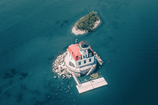 Aerial view of lighthouse in sea
