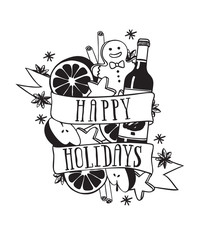 Christmas Card in Vintage Style. Hand drawn design elements. Handwritten modern badge. Holidays Vector illustration