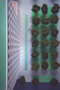 Overhead view of model of building and trees