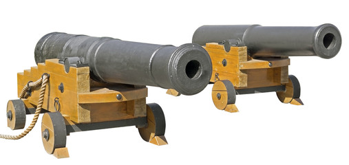 Old ship cannons on white background
