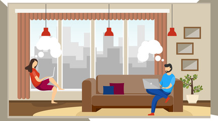 Man and woman freelancers work at home. Remote work at home. A man and a woman are sitting in a room and working on a laptop. Vector illustration