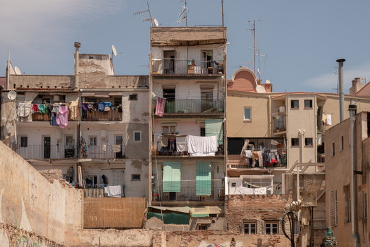 Front view of old residential buildings