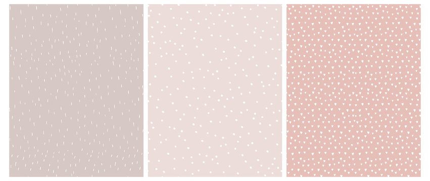 3 Cute Abstract Geometric Vector Patterns. White, Pink And Beige Color Design. Brushed Raindrops On A Light Brown Background.Irregular White Dots On A Light Pink. Romantic Print With White Tiny Hearts