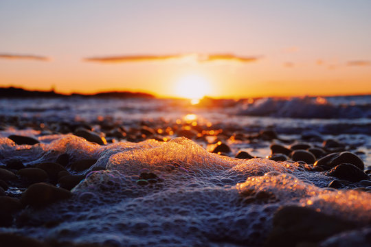 Close up of sea foam on beach at sunset