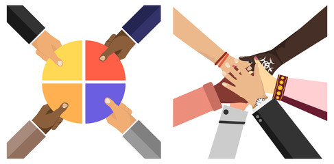 Partnership, interaction, teamwork, cooperation. Businessmen shake hands with each other. Tied hands. Hands smoothing the puzzle. Vector illustration of partnership concept in flat