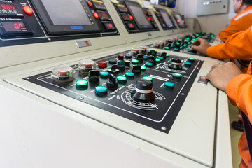 Anchor winch control panel of a construction barge during anchor operations at oil field 