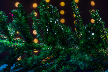 Obraz na płótnie Canvas There is xmas tree branch. There are gold lights/bokeh on the background. Merry Christmas. Happy New Year 2020.
