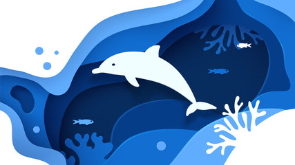 Underwater world. Paper art underwater ocean concept with dolphin silhouette. Paper cut sea background with dolphin, waves, fish and coral reefs. Save the ocean. Craft vector illustration