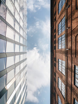 Low angle view of facade and brick buildings