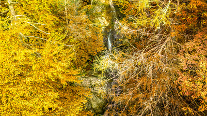 Aerial view fall colors over waterfall in North Carolina mountains