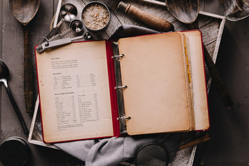 Directly above view of recipe book and utensils