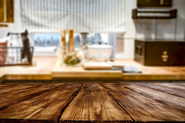 Desk of free space and kitchen background with window 