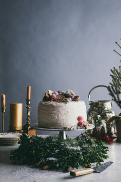Cake with snow and pine trees decor