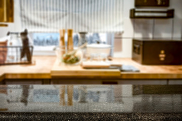 Desk of free space and kitchen background with window 