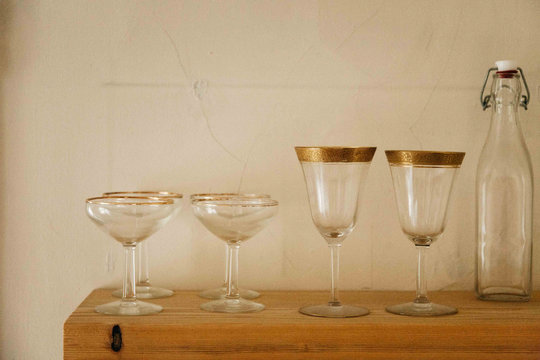 Glassware on wooden shelve