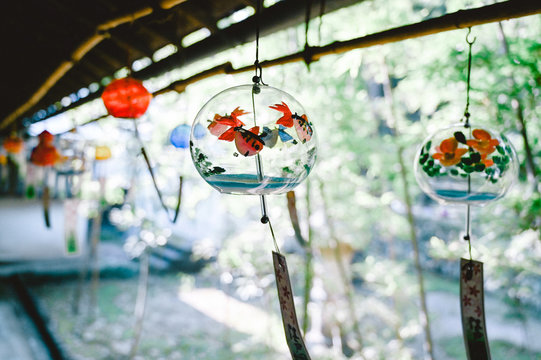 Wind chimes hanging outdoors