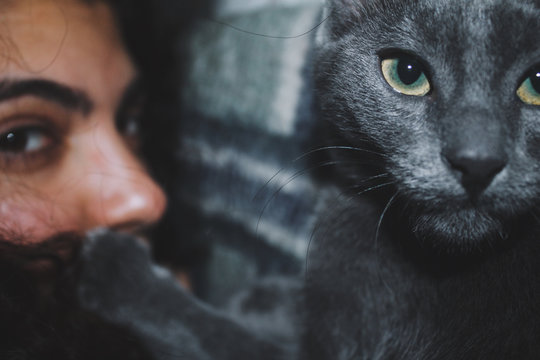 Selective focus view of grey cat and woman's face