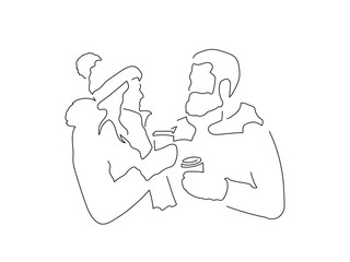 Couple drinking coffee isolated line drawing, vector illustration design. Christmas collection.