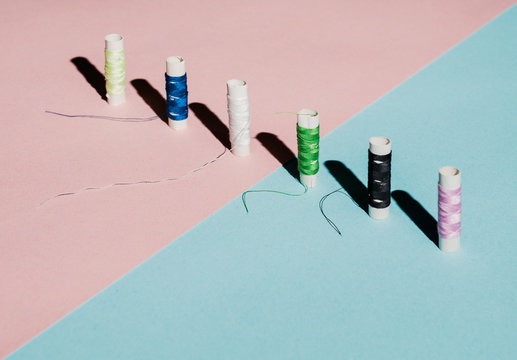 Close up colorful thread spools