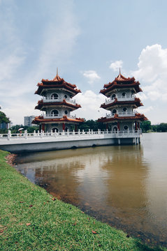 View of twin pagodas in Chinese Garden