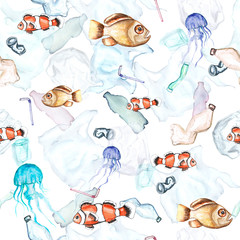 Ocean pollution. Fishes, jellyfishes, pastel bag, plastic bottles, and trash in water. Ecology problems concept. Pattern. Hand-drawn watercolor environment pollution illustration. White background