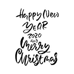 Merry Christmas and Happy New Year. Holiday modern dry brush ink lettering for greeting card. Vector illustration