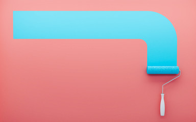 3D render. Paint roller paints a red wall with blue paint. Place for advertising.