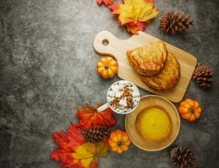 Thanks giving celebration food table top view,flat lay with copy space 