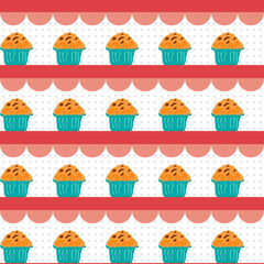 seamless pattern, cupcakes on the shelves, with polka dots background