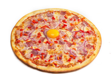 Pizza with egg yolk on white background