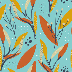 Hand drawn branch with leaves seamless pattern for print, textile, wallpaper. Modern kids stylized background.