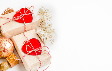 Christmas holiday background with gift boxes on white background. Top view from above