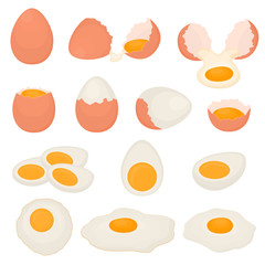 Set of boiled, raw and fried chicken eggs.