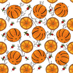 Obraz premium Web Vector Christmas square seamless pattern of twigs, orange tangerines, rosehip berries. Christmas, New Year concept. For the design of postcards and frames, walls, fabrics.