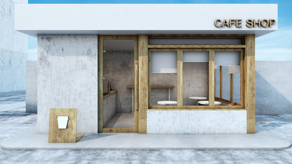 Front view Cafe shop  Restaurant design modern minimal,Roof white concrete wood text.Concrete wall,windows wood frame- 3D render