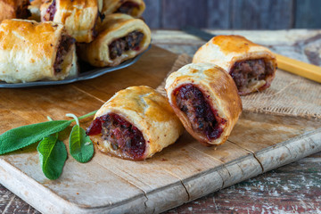 Homemade sausage, cranberry, chestnut and sage rolls