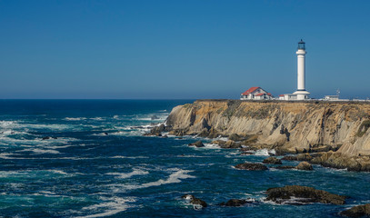Lighthouse on the Mendocino coast at a sunny day