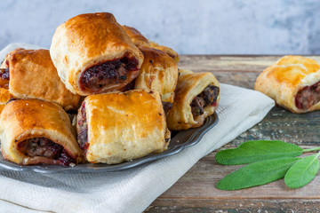 Homemade sausage, cranberry, chestnut and sage rolls
