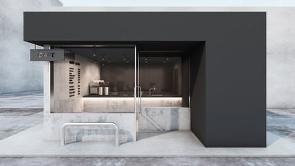 Front view Cafe shop & Restaurant design. Modern minimal black.Counter top black metal concrete,Glass door,windows steel frame,Concrete floor- 3D render